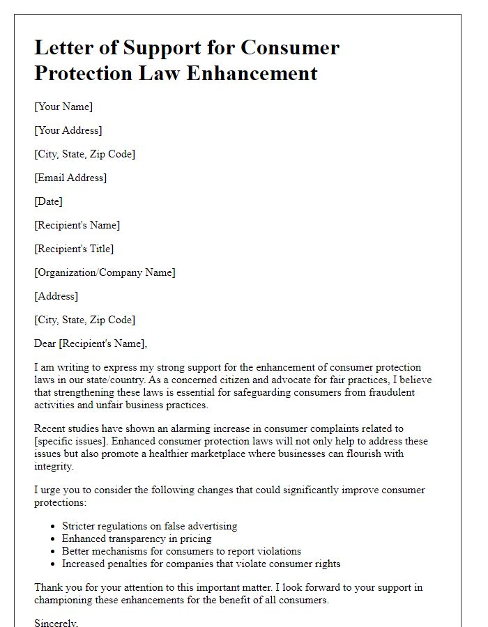 Letter template of support for consumer protection law enhancement