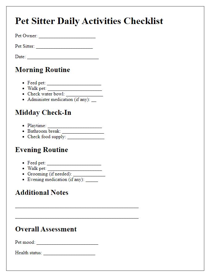 Letter template of pet sitter checklist for daily activities