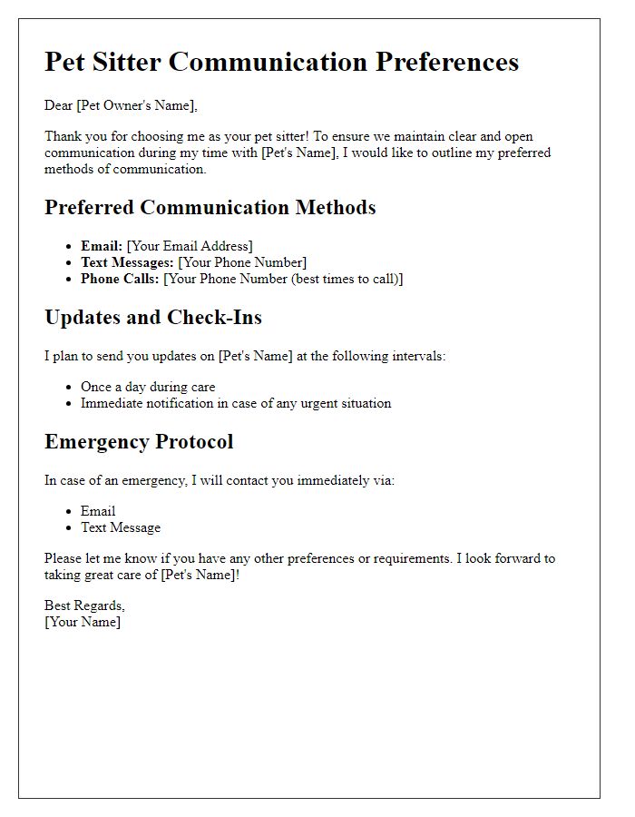 Letter template of pet sitter communication preferences