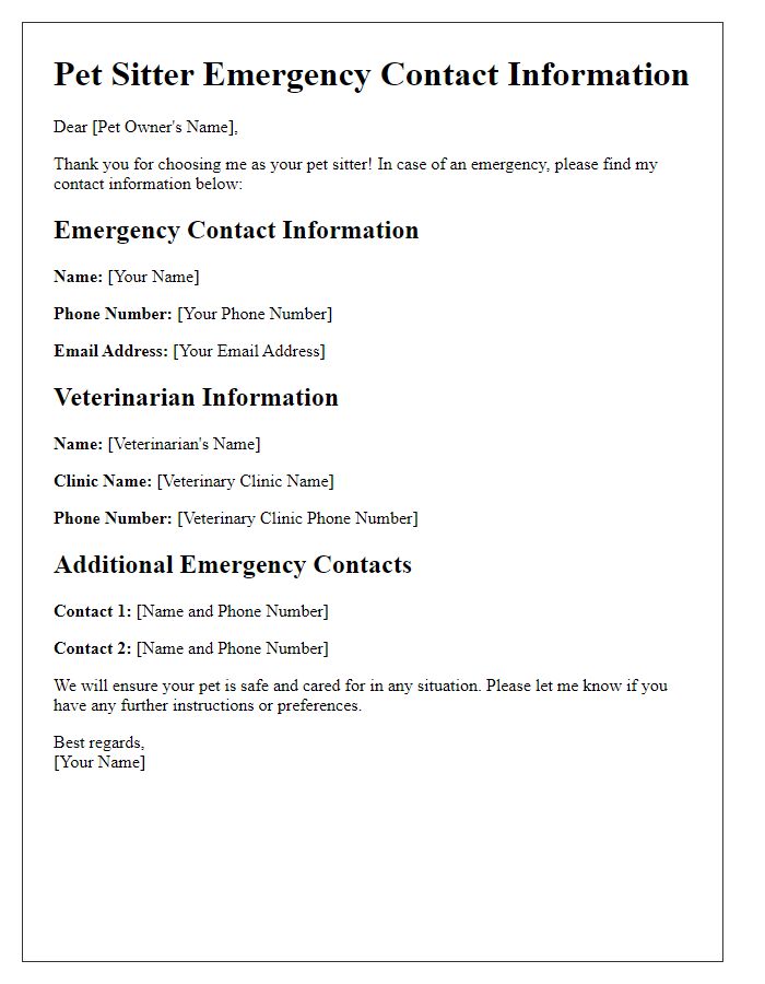 Letter template of pet sitter emergency contact information