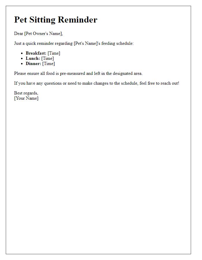 Letter template of pet sitter reminders for feeding schedules