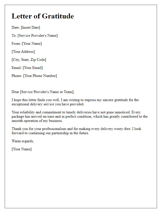 Letter template of gratitude for reliable delivery service.