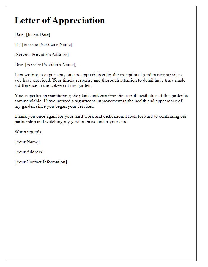 Letter template of appreciation for timely garden care services.