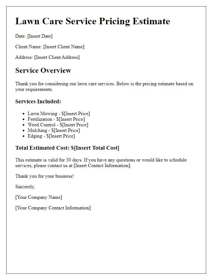 Letter template of lawn care service pricing estimate