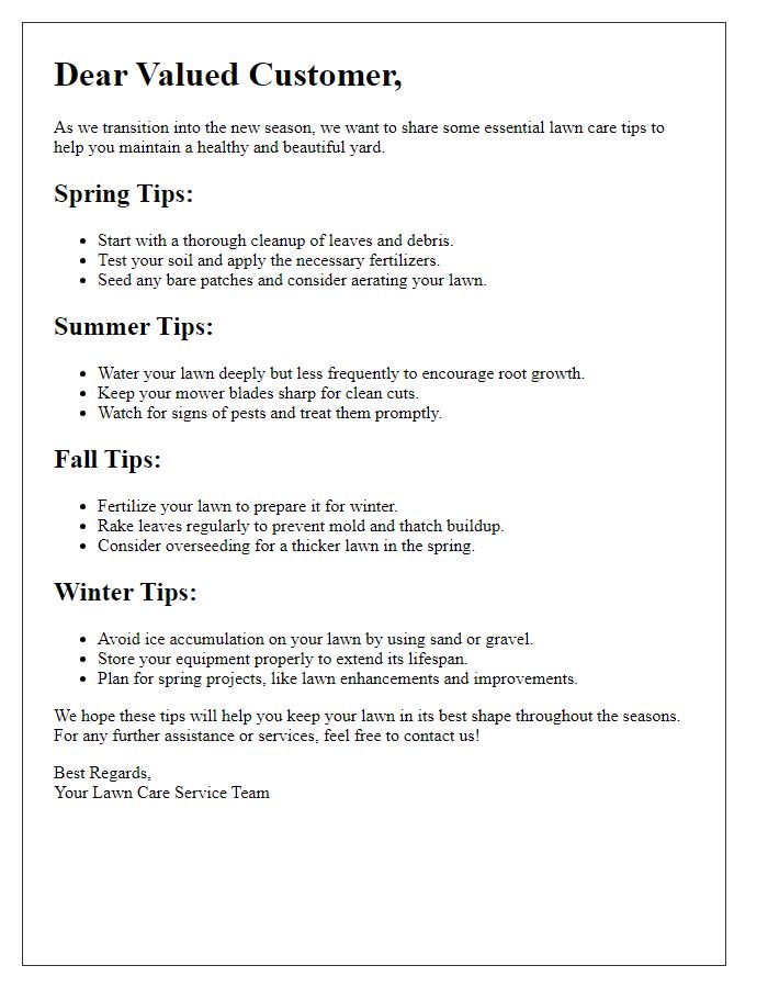 Letter template of lawn care service seasonal tips