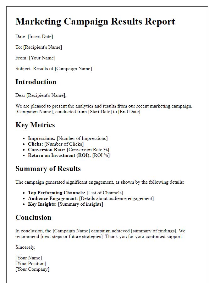 Letter template of analytics for marketing campaign results