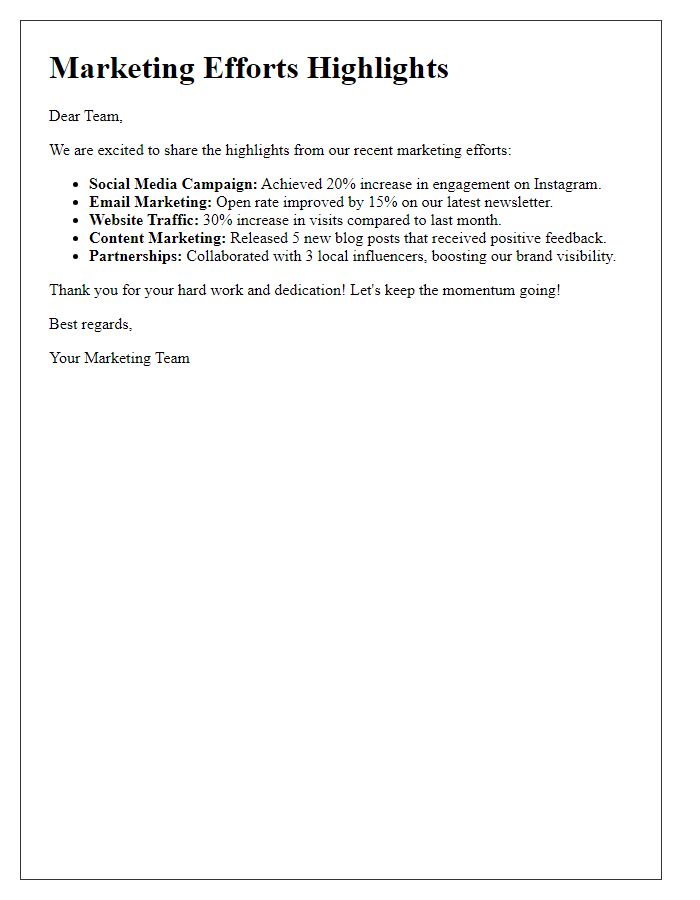 Letter template of highlights from our recent marketing efforts