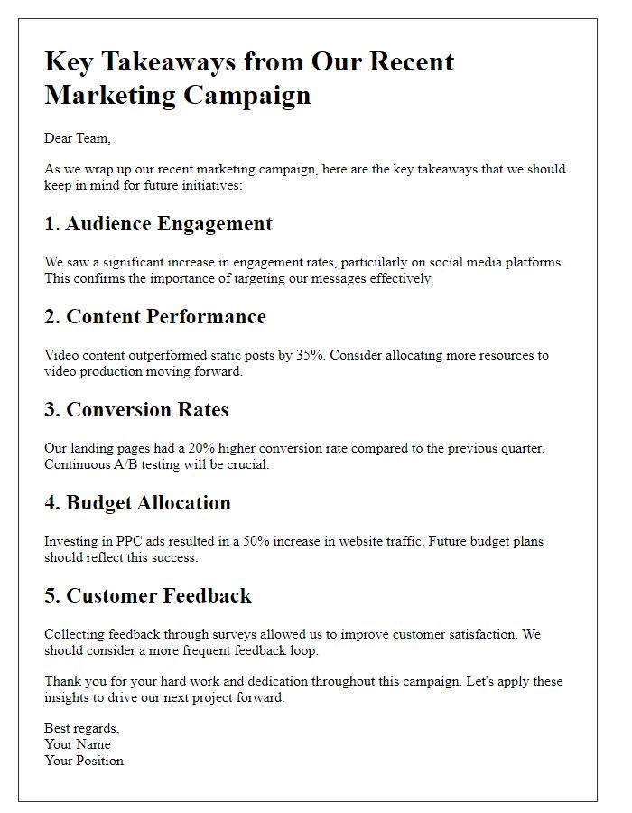 Letter template of key takeaways from our marketing campaign