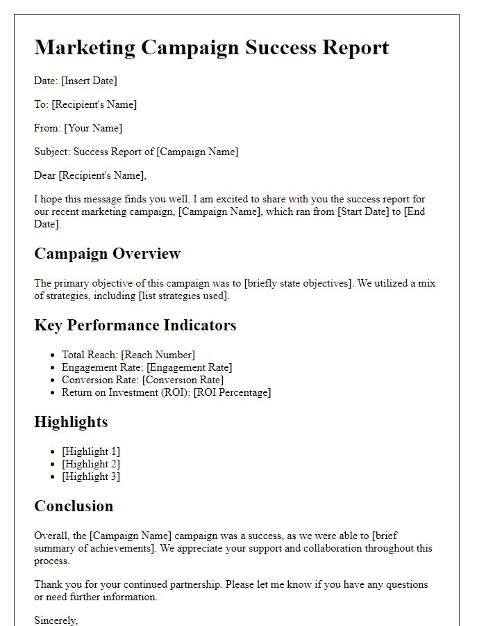 Letter template of a marketing campaign success report