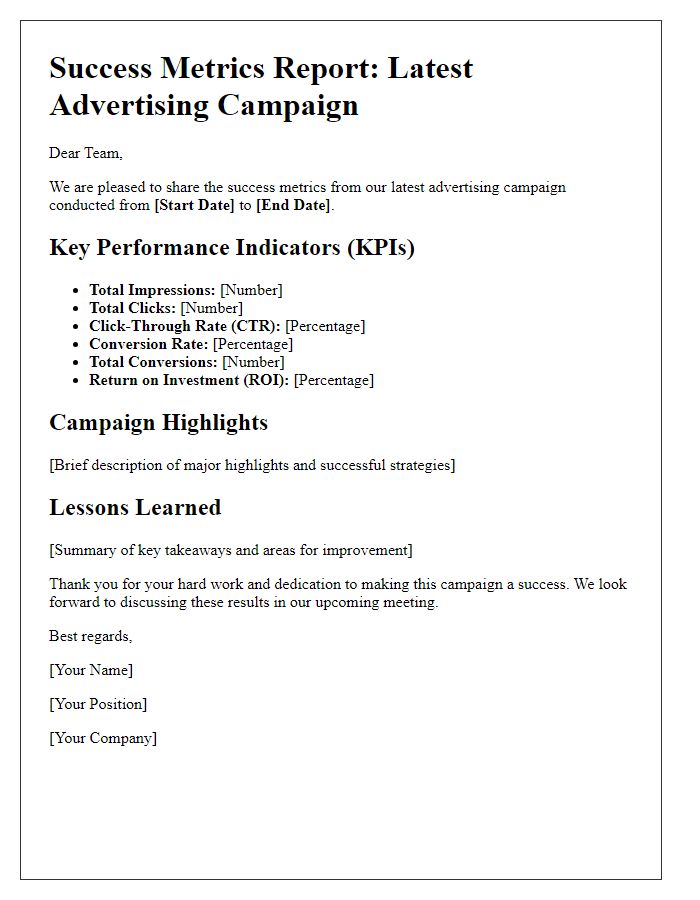 Letter template of success metrics from our latest advertising campaign