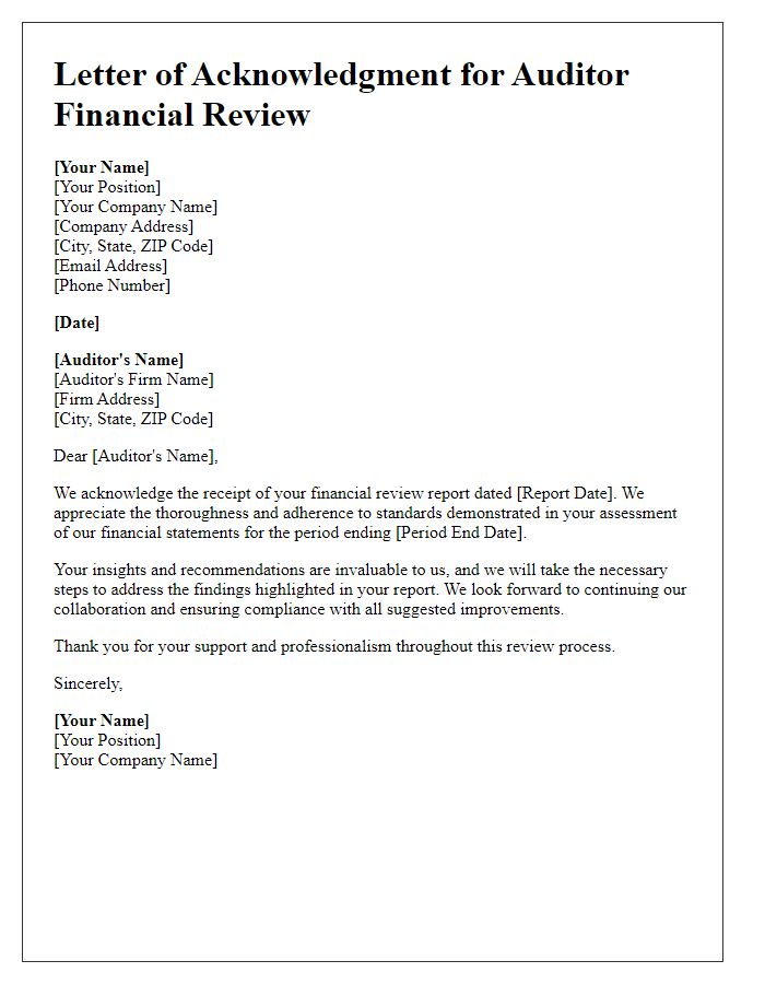 Letter template of acknowledgment for auditor financial review