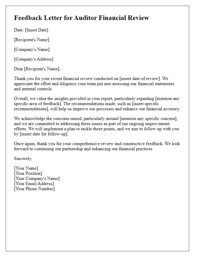 Letter template of feedback for auditor financial review