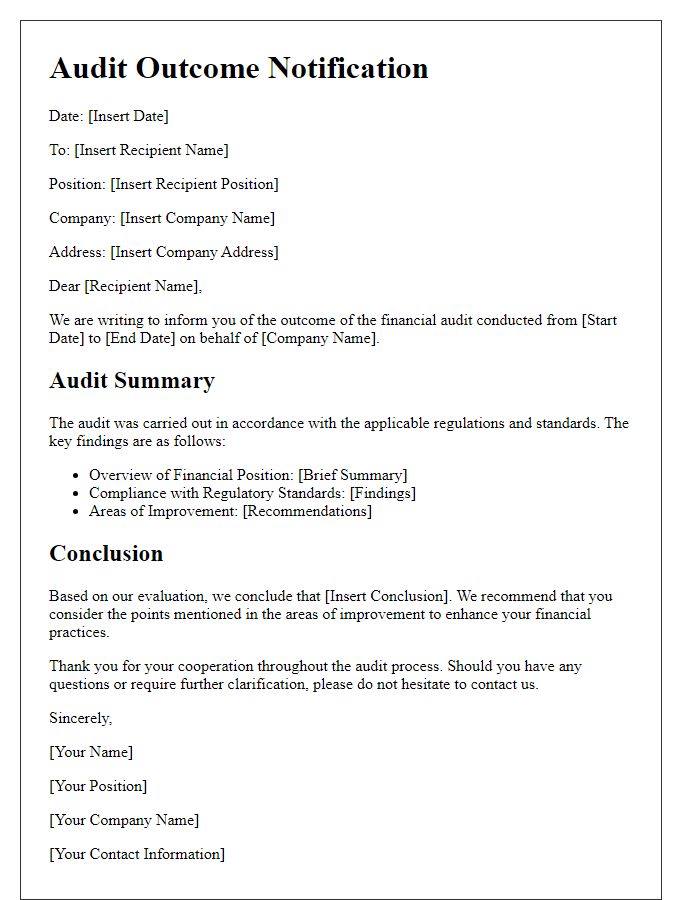 Letter template of outcome for auditor financial review