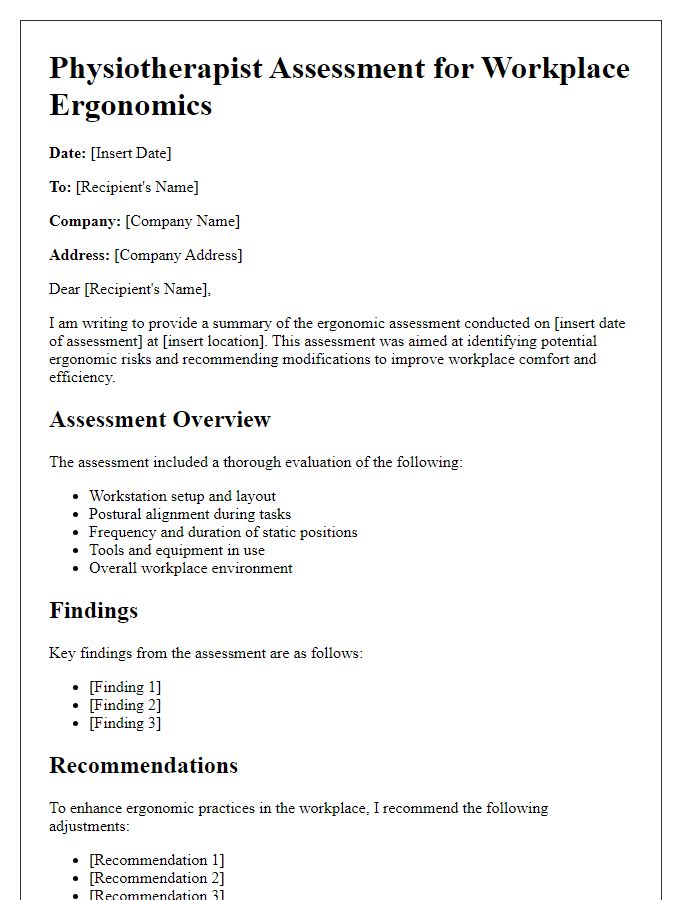 Letter template of physiotherapist assessment for workplace ergonomics