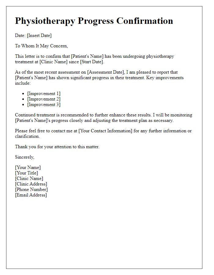 Letter template of physiotherapist confirmation of treatment progress