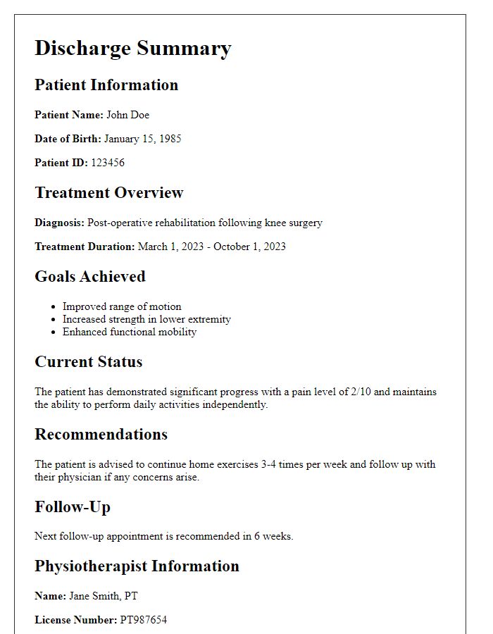 Letter template of physiotherapist discharge summary for patient care