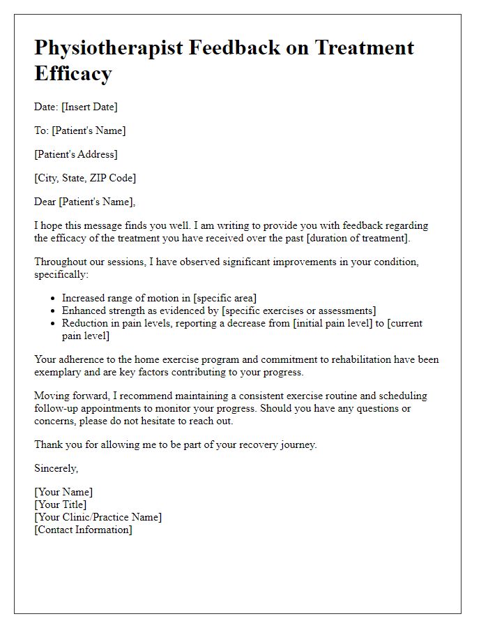 Letter template of physiotherapist feedback on treatment efficacy