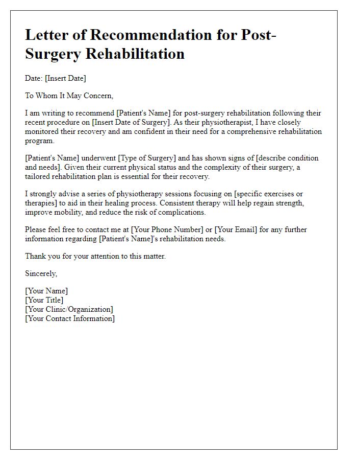 Letter template of physiotherapist recommendation for post-surgery rehabilitation