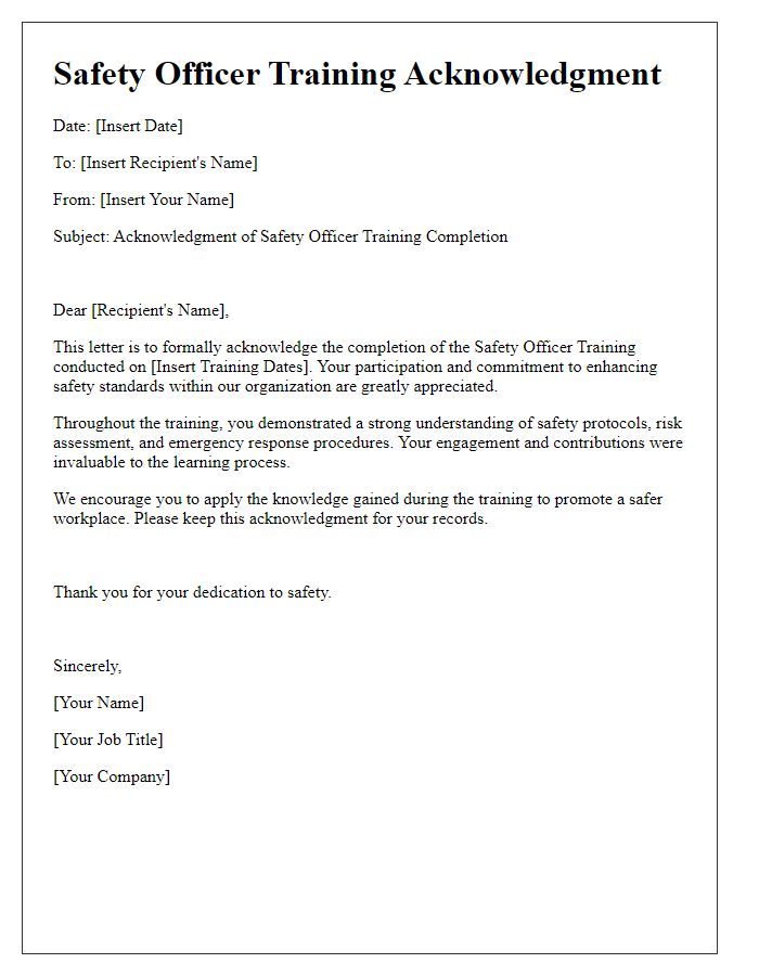 Letter template of safety officer training acknowledgment.