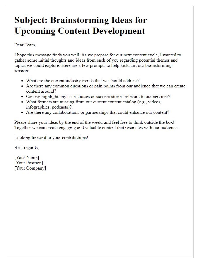 Letter template of brainstorming ideas for content development