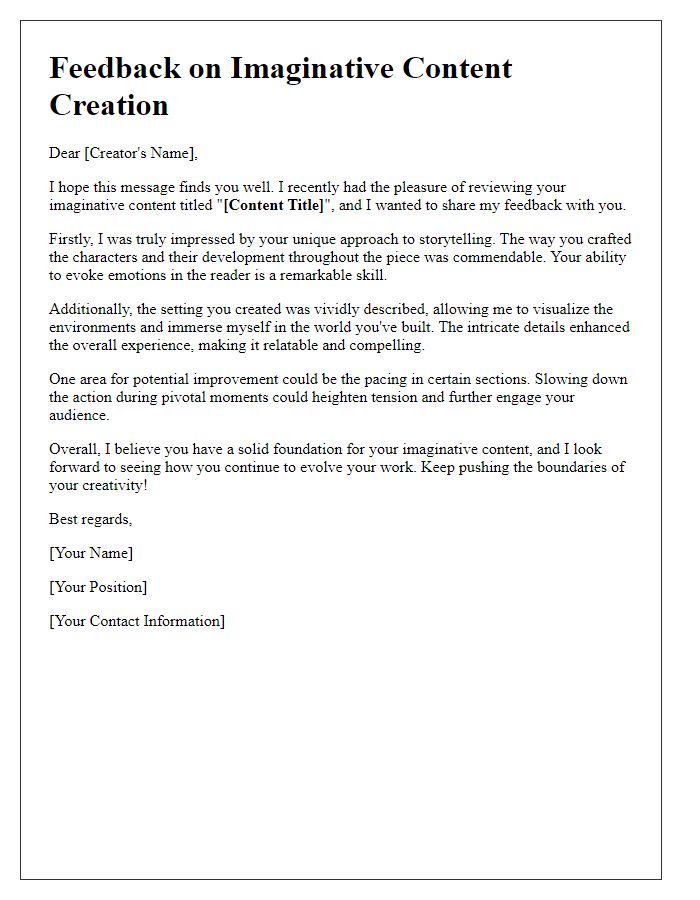 Letter template of feedback for imaginative content creation