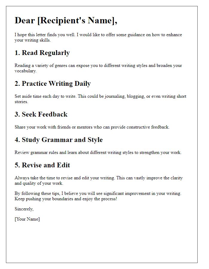 Letter template of guidance for developing writing skills