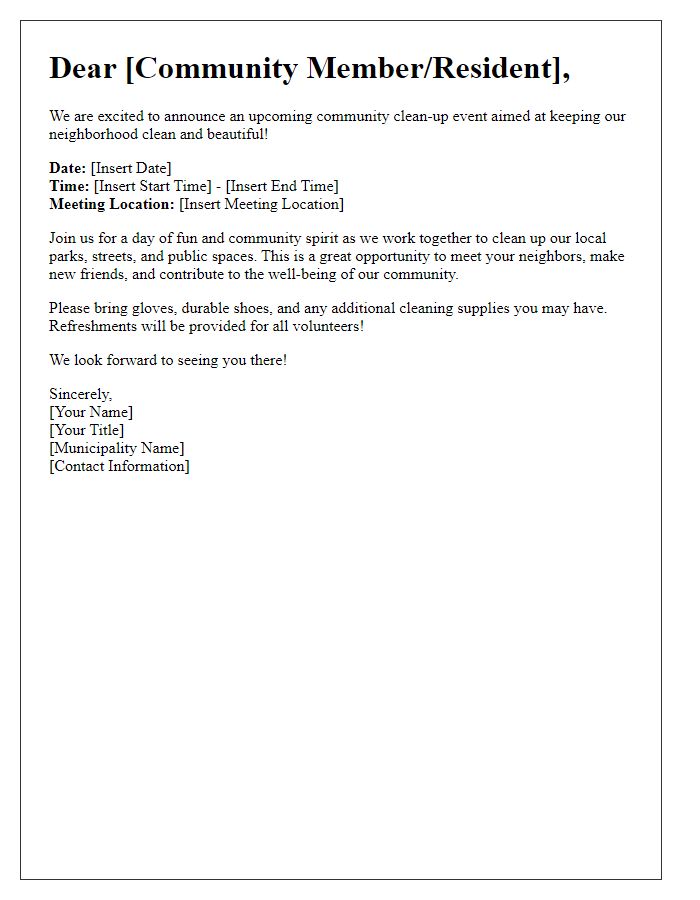 Letter template of municipal community clean-up event announcement