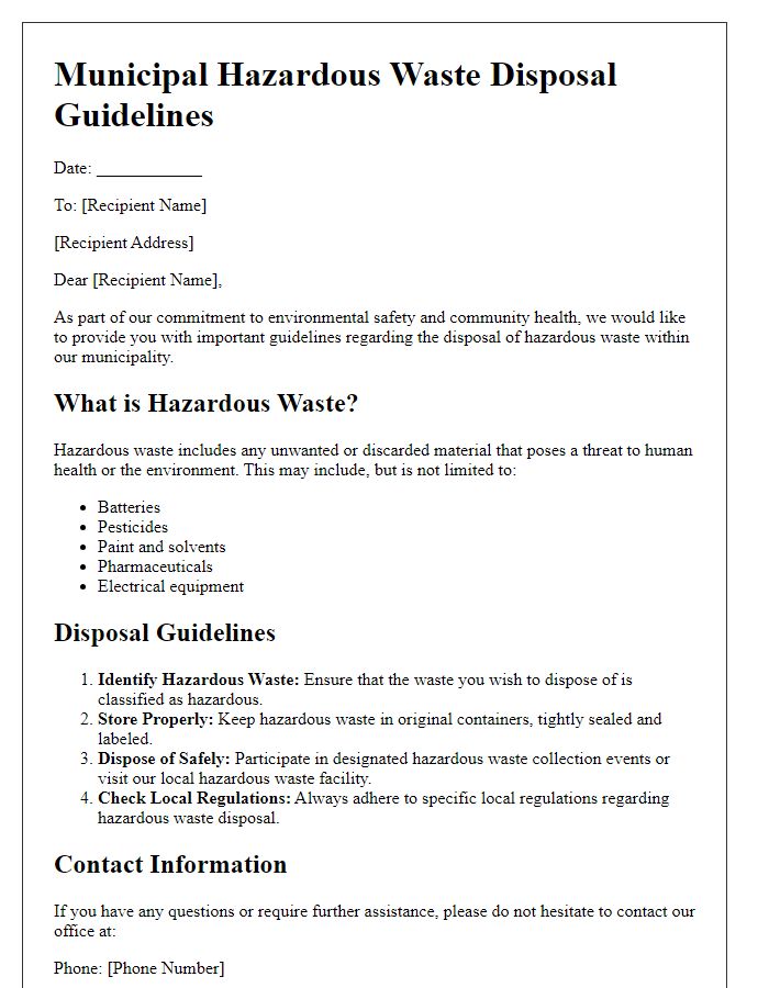 Letter template of municipal hazardous waste disposal guidelines