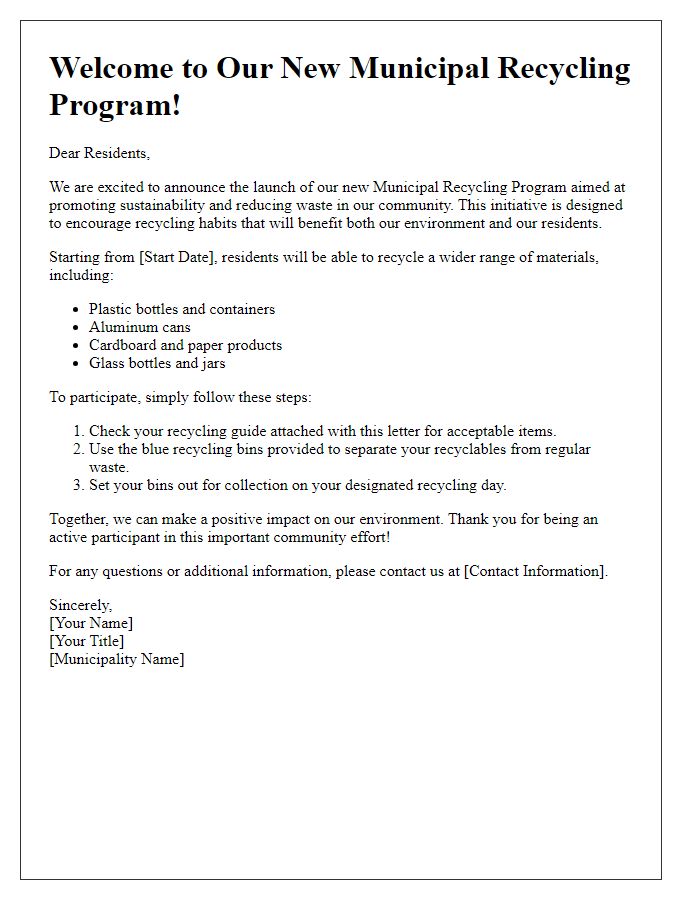 Letter template of municipal recycling program introduction