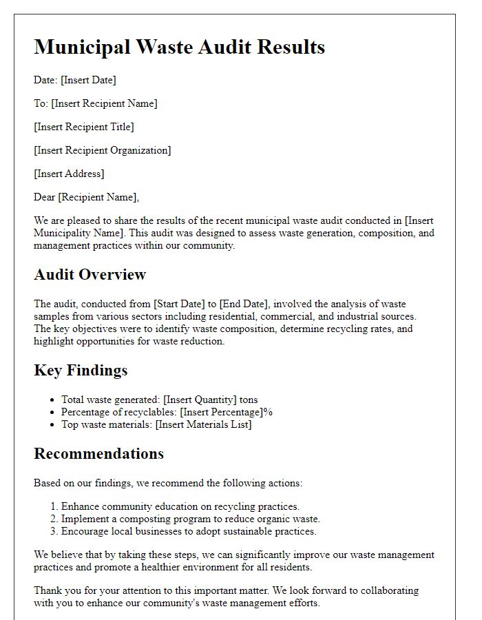 Letter template of municipal waste audit results communication