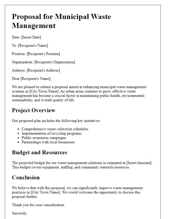 Letter template of municipal waste management proposal