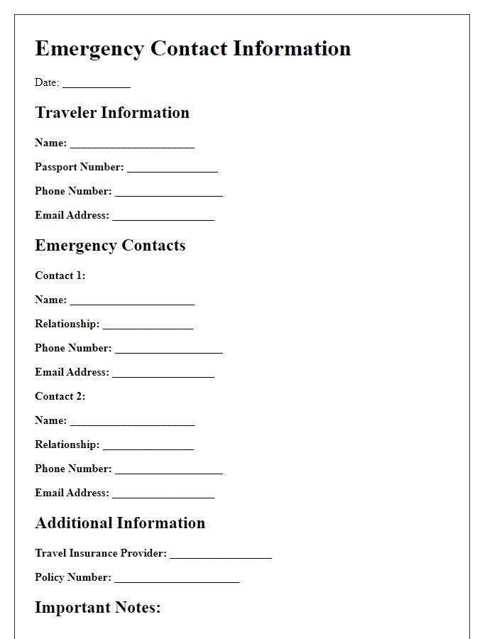 Letter template of emergency contact information for travelers