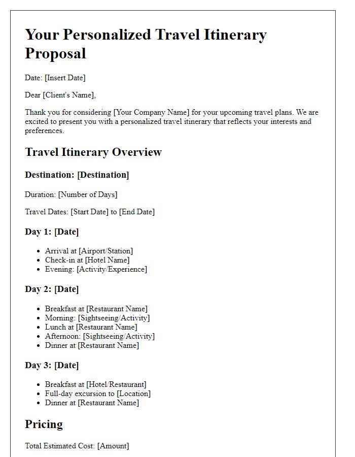 Letter template of personalized travel itinerary proposal