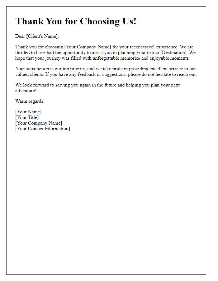 Letter template of thank you message to travel clients