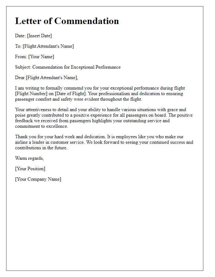 Letter template of commendation for exceptional flight attendant performance