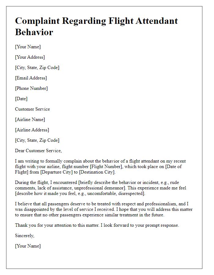 Letter template of complaint about flight attendant behavior