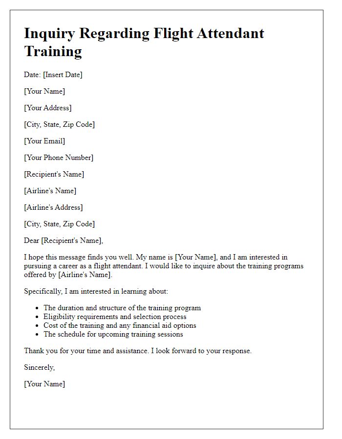 Letter template of inquiry regarding flight attendant training