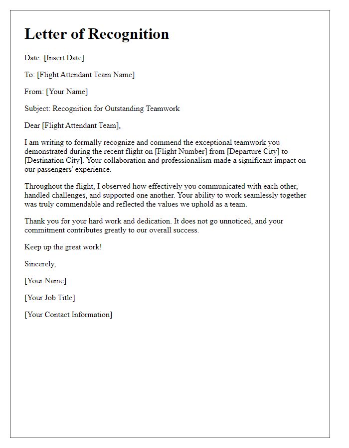 Letter template of recognition for flight attendant teamwork