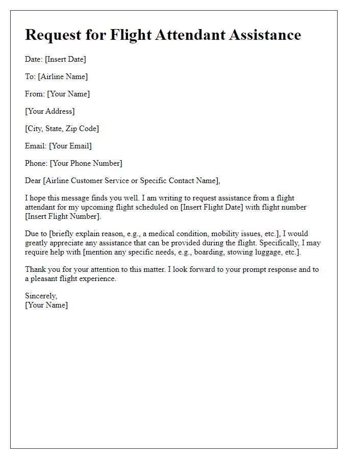 Letter template of request for flight attendant assistance