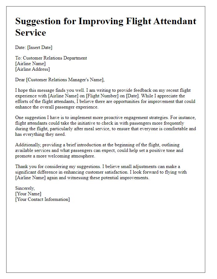 Letter template of suggestion for improving flight attendant service