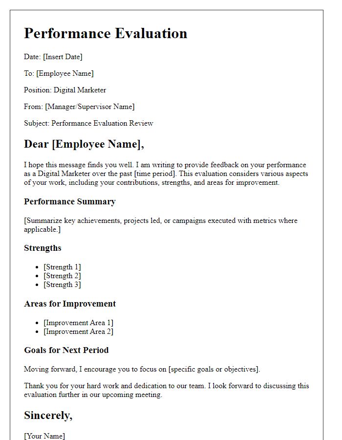 Letter template of digital marketer performance evaluation