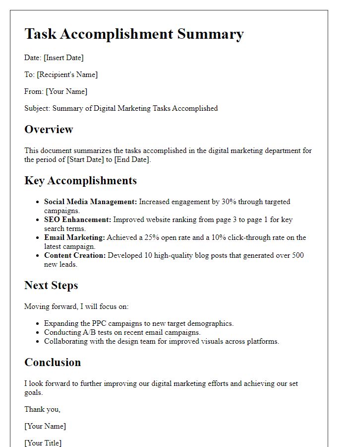 Letter template of digital marketer task accomplishment summary