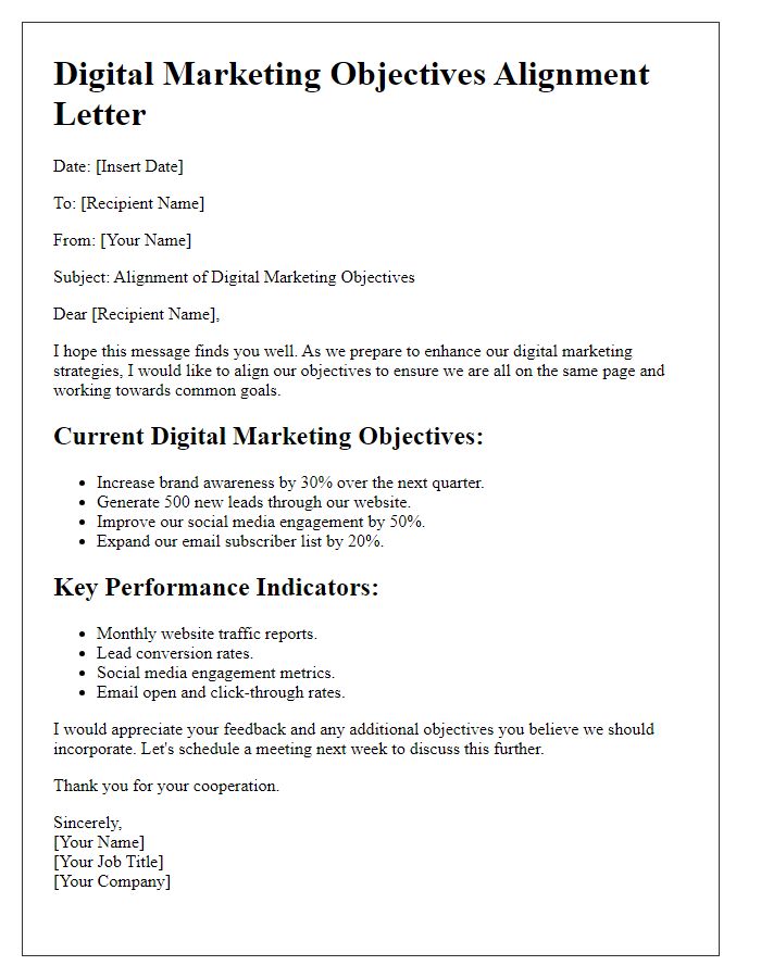 Letter template of digital marketing objectives alignment