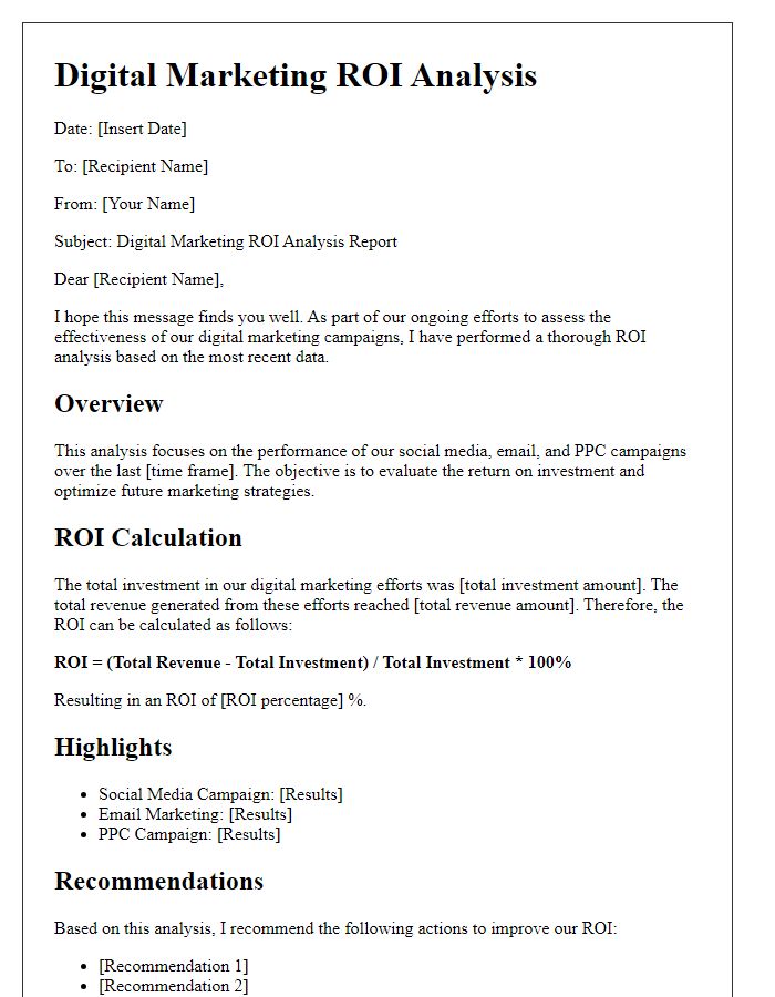 Letter template of digital marketing ROI analysis