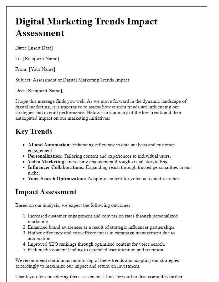 Letter template of digital marketing trends impact assessment