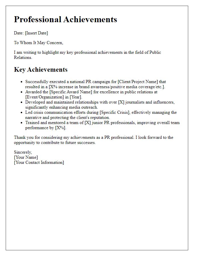 Letter template of PR professional achievements