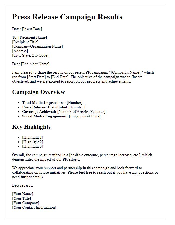 Letter template of PR professional campaign results