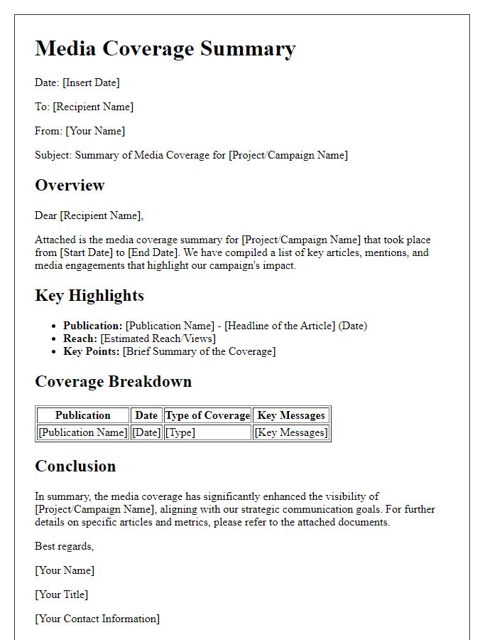 Letter template of PR professional media coverage summary