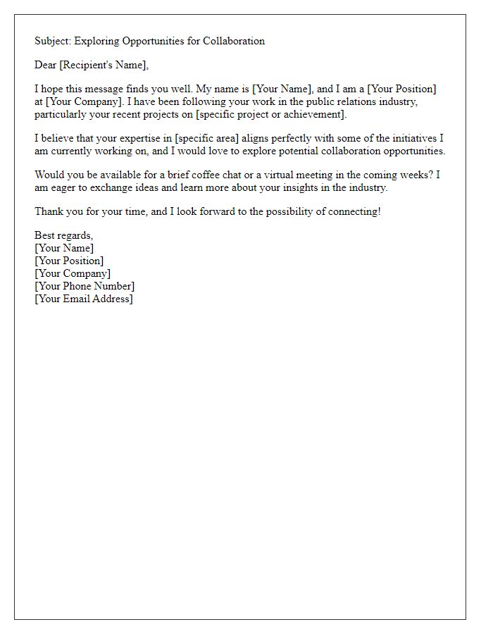 Letter template of PR professional networking outreach