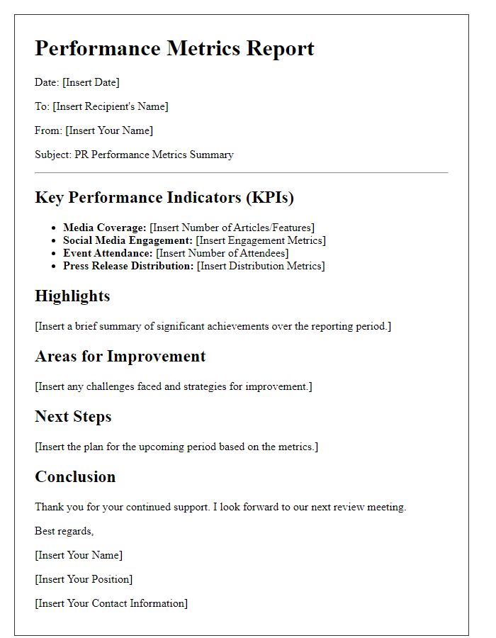 Letter template of PR professional performance metrics